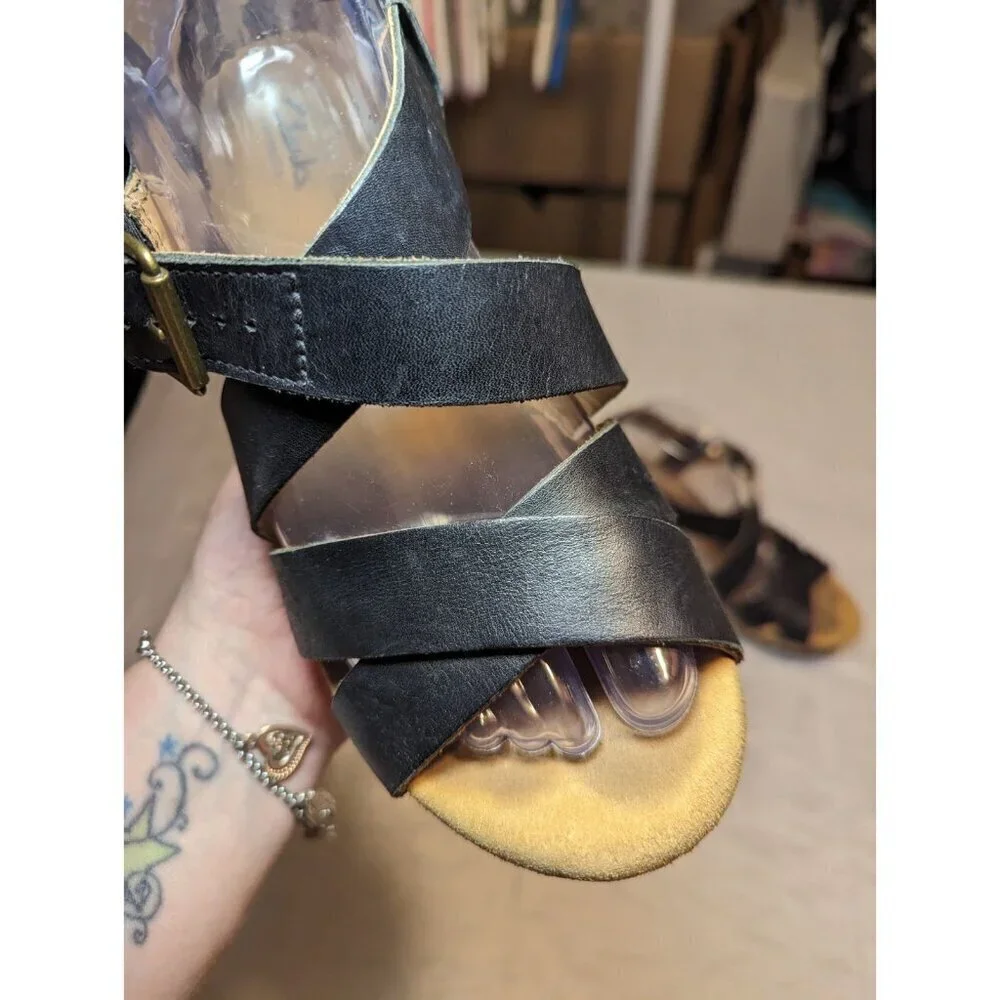 Clarks Artisan Black Leather Cork Platform Wedge Sandals Size 9m